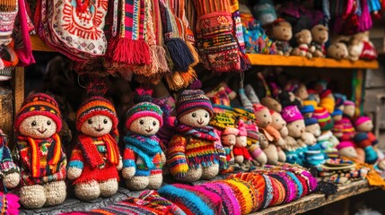 A vibrant market stall in Peru displaying alpaca wool scarves, traditional dolls, and Inca-inspired crafts.