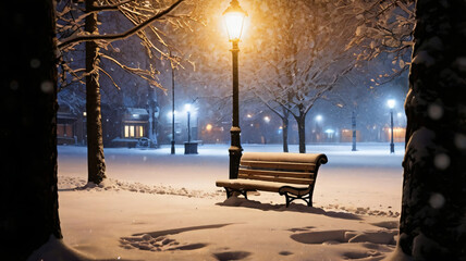 Snowy park at night