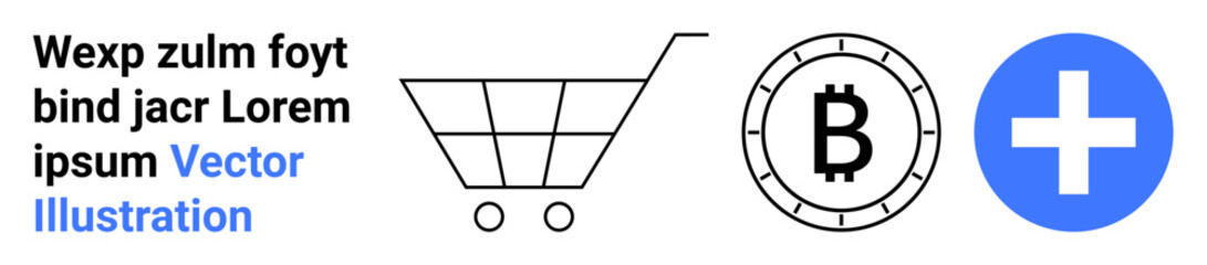 Shopping cart, Bitcoin symbol, and a plus sign in blue circle. Ideal for online shopping, cryptocurrency, e-commerce, fintech, digital transactions, user interface, and financial technology. Landing
