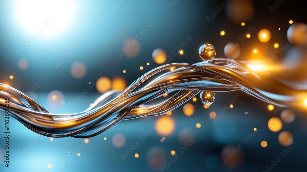 Poster mesmerizing golden liquid droplets floating and swirling in an ethereal blurred and colorful bokeh b