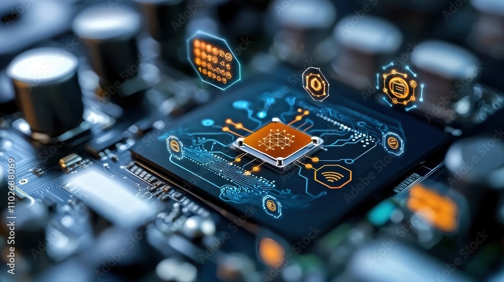 Poster close up view of a colorful electronic circuit board with various integrated microchips capacitors r