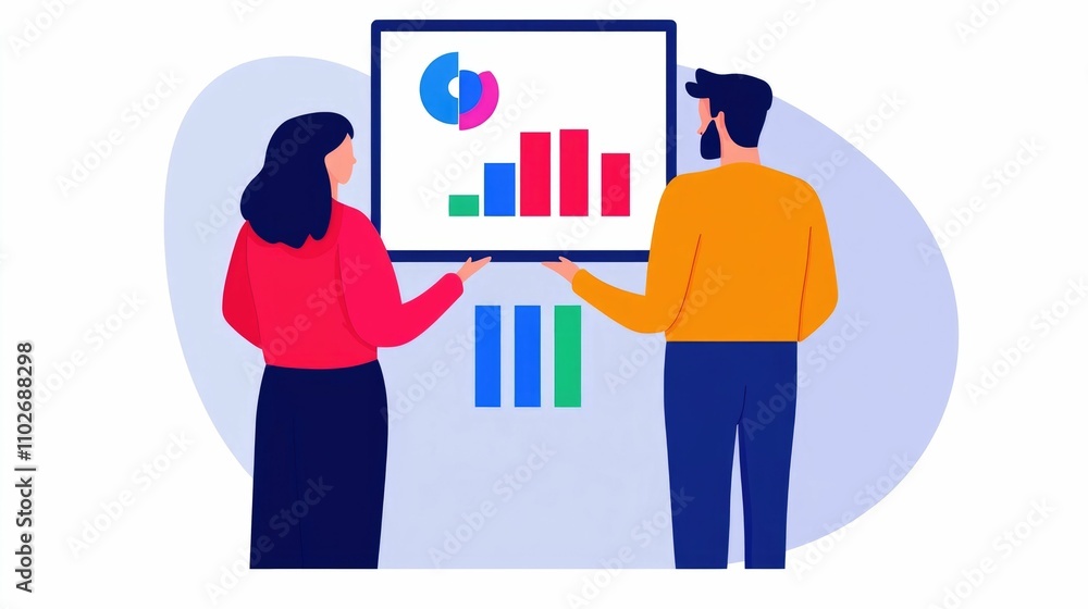Poster corporate team collaborating with manager to make data driven decisions for strategic growth and opt