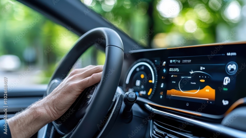 Poster close up view of the digital dashboard and infotainment system of a modern energy efficient vehicle 
