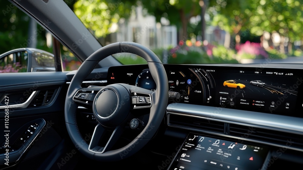 Poster luxury car interior closeup view showcasing the advanced dashboard technology digital displays and v