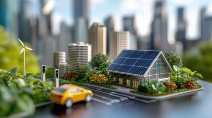 Fototapeta premium A detailed miniature diorama depicting a futuristic eco friendly urban landscape with towering skyscrapers renewable energy sources like wind turbines and solar panels