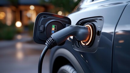 Electric car being charged at a public charging station in an urban city environment at dusk with blurred motion and street lights in the background highlighting sustainable energy and transportation
