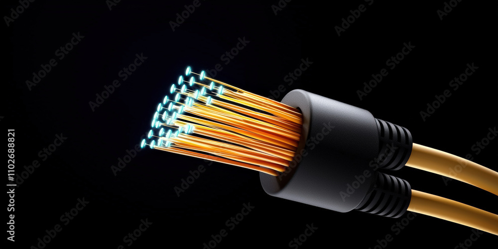Poster a close-up of a multi-core cable with luminous fibers emerging from a connector, set against a dark 