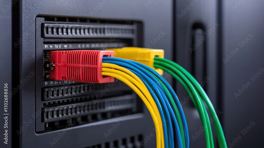 Poster a close-up of colorful network cables connected to a server, illustrating data transmission and conn