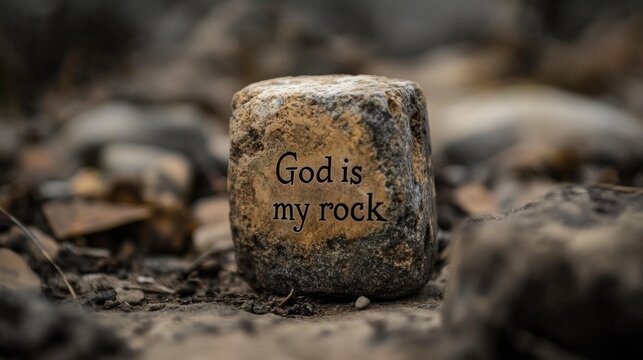 Rock with engraved scripture: a stone inscribed with “God is my rock”.