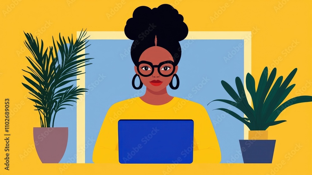 Aufkleber young female data analyst working remotely and collaborating with diverse tech team in a modern vibr