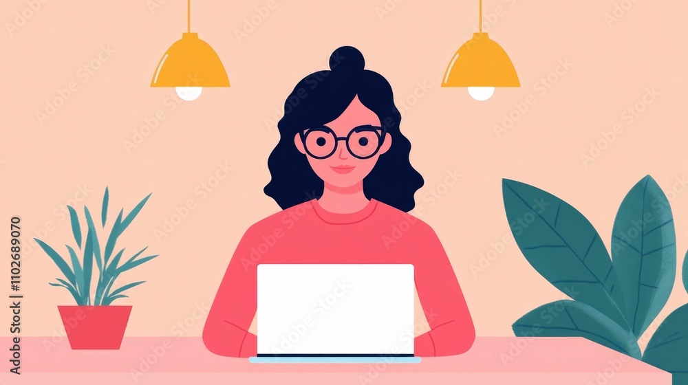 Aufkleber of a female data analyst working remotely and collaborating with a diverse tech team in a modern sty
