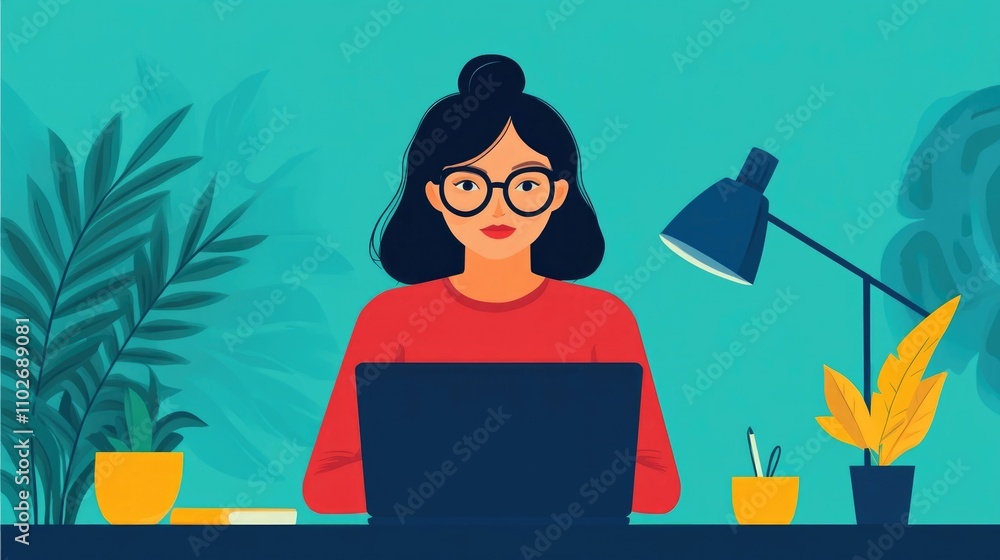 Poster young female data analyst working remotely on laptop collaborating with diverse tech team in a moder