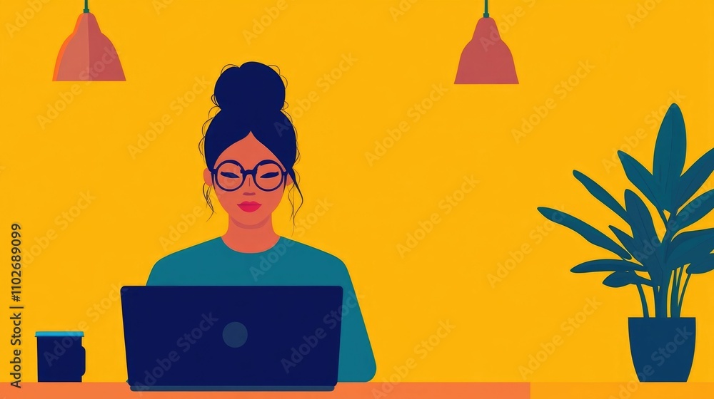 Poster portrait of a female programmer coding on a laptop in a modern minimalist collaborative tech workspa