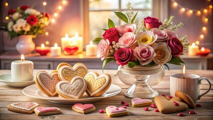 Architectural Photography of Heart-Shaped Cookies in a Romantic Valentine's Day Setting with Soft Lighting and Elegant Decor, Perfect for Celebrating Love and Sweet Treats