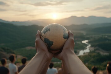 Human connection, highlighting an NGO mission, blending symbolism of hands with the globe, promoting collaboration, transformative power of collective efforts on global scale.