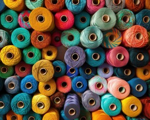 Fototapeta premium Colorful spools of thread arranged in a vibrant display, showcasing various shades and patterns. Textile and crafting concept with rich color variety.