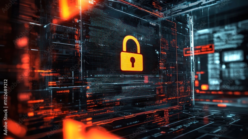 Poster a visual representation of online safety, featuring a computer screen with a lock symbol and caution