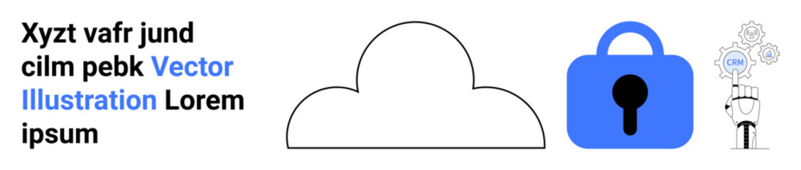 Cloud with lock icon symbolizing data security, a hand holding a cog with AI text, and placeholder text. Ideal for technology, cybersecurity, cloud services, AI, data management, secure storage