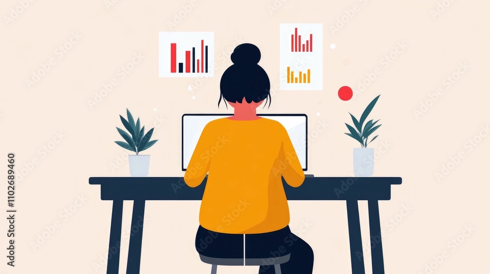 Poster female data analyst visualizing insights and analytics on screens during a virtual session with her 