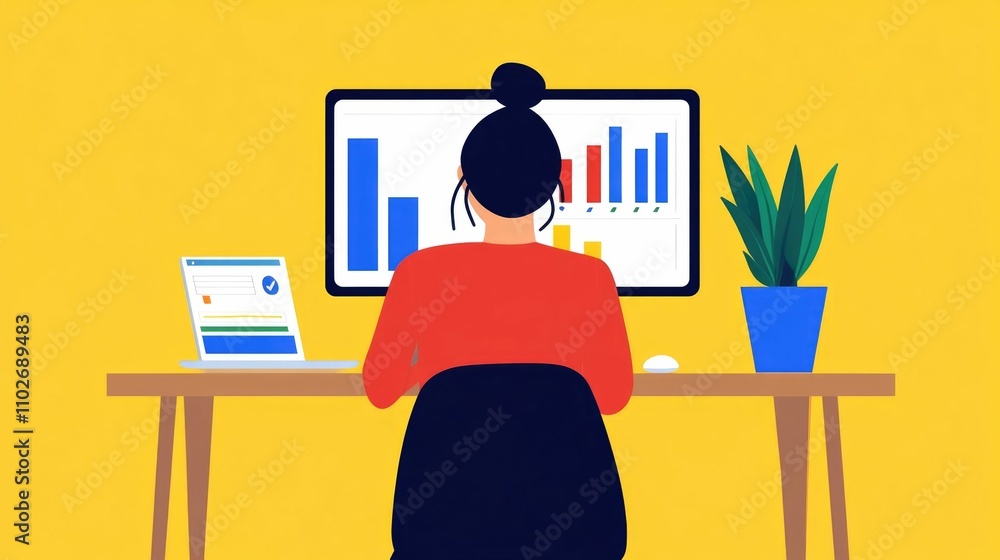 Poster female data analyst visually presenting insights and analytics during a remote virtual and teamwork 