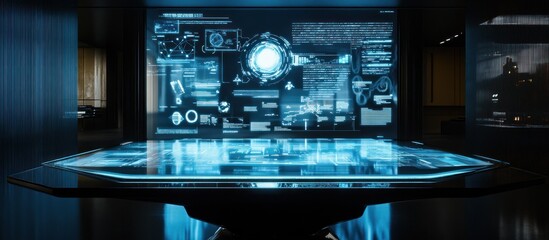 Futuristic holographic interface table displaying data analytics in a modern, dark room.