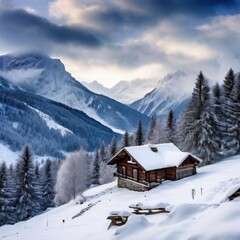 Fototapeta premium the AI Image Generator, Cozy Cabin in a Serene Snowy Mountain Landscape