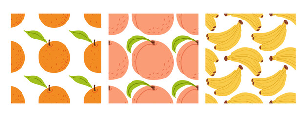 Colorful fruit patterns featuring oranges, peaches, and bananas in a cheerful layout