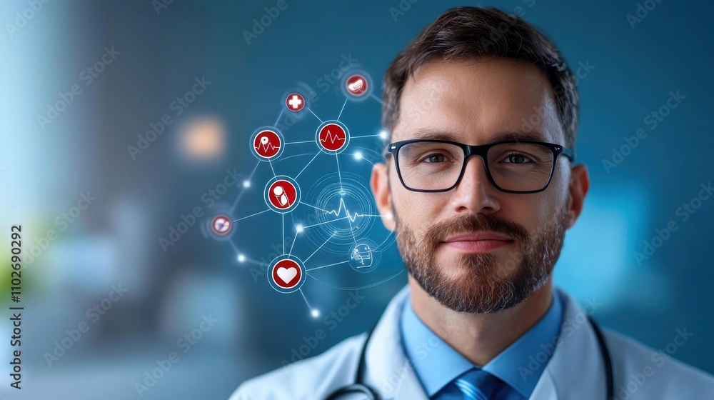 Poster thoughtful businessman with beard wearing eyeglasses analyzing digital network data and connectivity