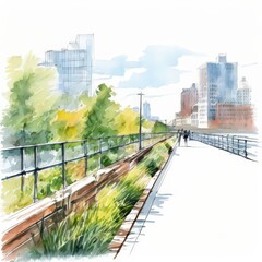 Fototapeta premium the AI Image Generator, Urban Walkway Through Vibrant Cityscape and Lush Greenery