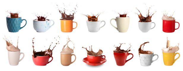 Set of cups and mugs with splashes of hot chocolate on white background