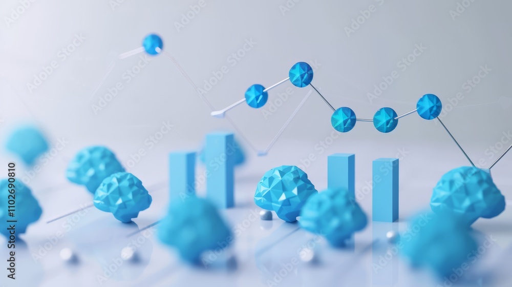 Poster a futuristic data visualization concept featuring blue brain-shaped elements and graph lines, symbol