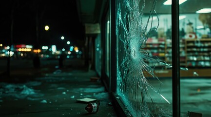 Nighttime urban chaos: Empty store with cracked window and shattered glass, dust-laden scene of destruction.