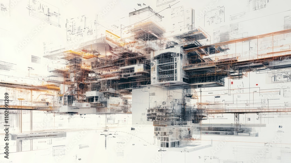 Poster abstract 3d rendering of complex interconnected structures and architectural blueprints.