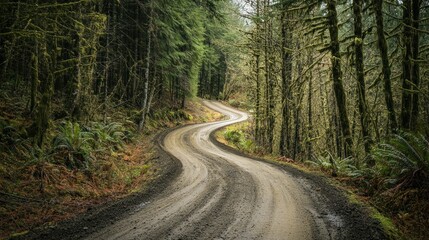 A winding dirt road cutting through a dense forest, inviting adventure and exploration.