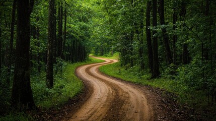 Naklejka premium A winding dirt road cutting through a dense forest, inviting adventure and exploration.