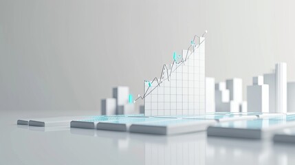 A modern 3D render showcasing a white and light blue financial bar chart rising upwards, symbolizing growth and success in business analytics and data visualization. AI generated.