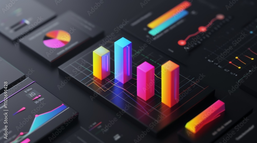 Poster a set of 3d bar graphs with vibrant, glowing colors, floating on a dark surface, representing data v