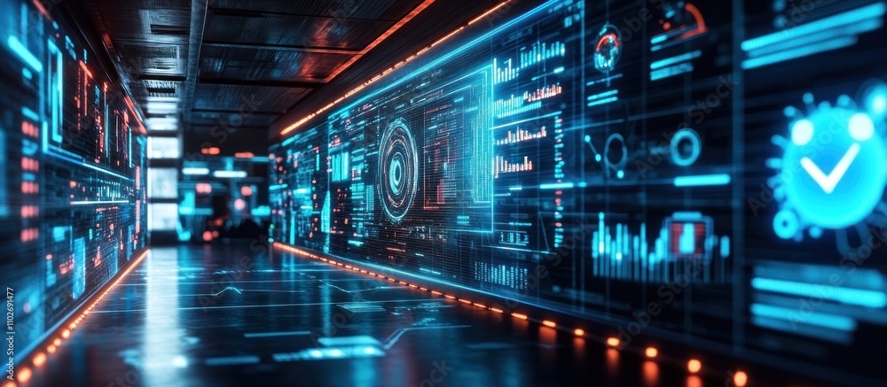 Poster futuristic digital corridor with glowing screens displaying data and analytics.