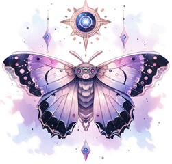 Moth, butterfly in vintage style on a background of flowers. Watercolour style