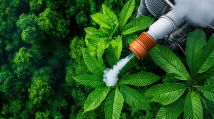Closeup of lush vibrant green foliage and leaves being sprayed with a fine mist of water in a thriving verdant garden or natural landscape setting  The moisture creates a refreshing