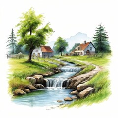 the AI Image Generator, Tranquil Countryside Creek With Rustic Cabins