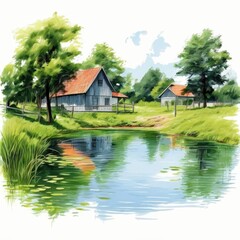 Fototapeta premium the AI Image Generator, Tranquil Countryside Creek With Rustic Cabins