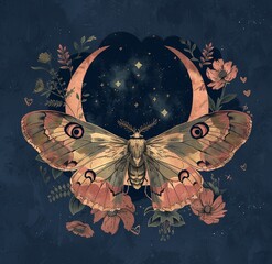 Moth, butterfly in vintage style on a background of flowers. On dark background. Romantic and mystical atmosphere.  