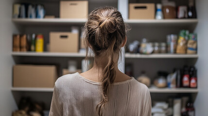 Woman standing in front of shelves at a food pantry sorting items during community outreach