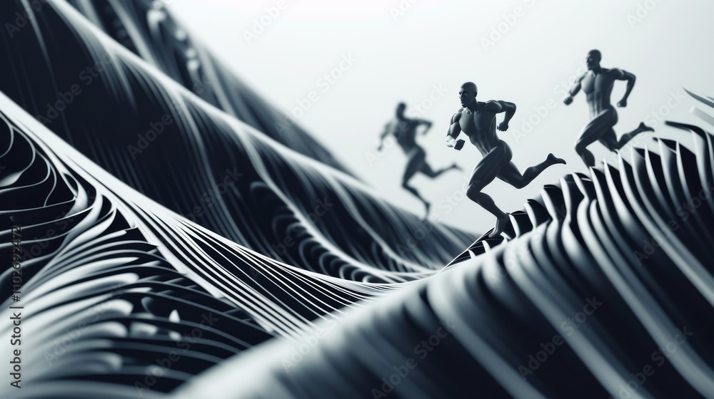 Poster a group of runners moving across an abstract, undulating terrain with geometric lines, symbolizing d