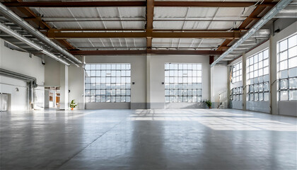 A large, empty commercial space with polished concrete floors and high ceilings. The room 