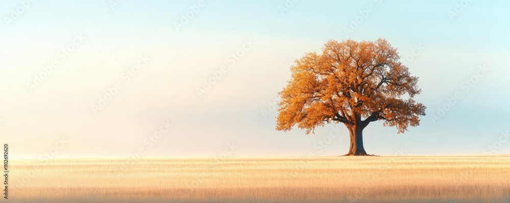 Poster lone tree on a vast field with soft sunlight in the background.