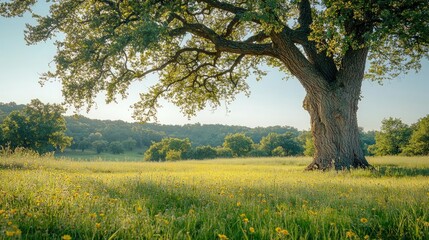 Fototapeta premium Majestic tree in a vibrant green field during a sunny day.
