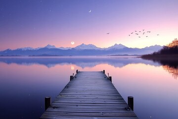 Obraz premium Serene Lakeside Scene at Dusk with Wooden Dock and Mountains