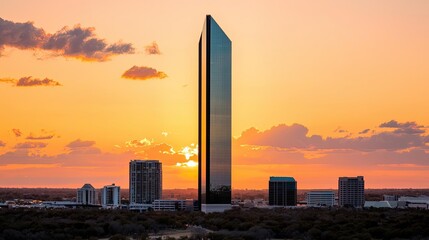 Skyscraper against a vibrant sunset, urban skyline captured in golden hour.